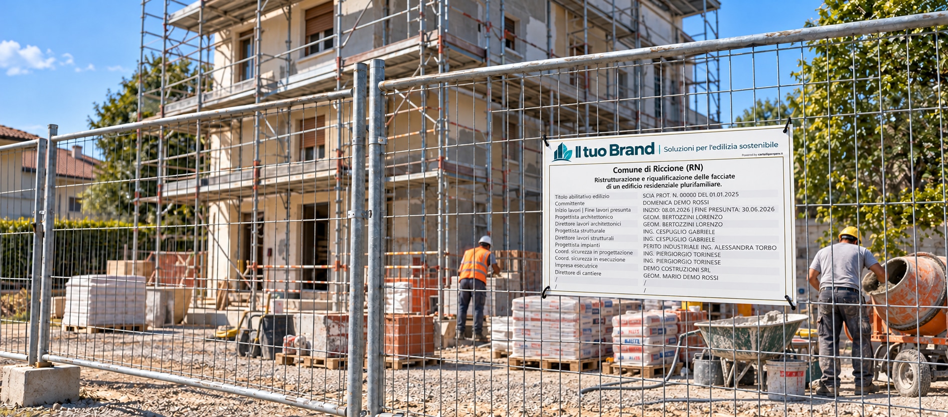 Esempio di cartello con il marchio dell’azienda, affisso alla recinzione di un cantiere.